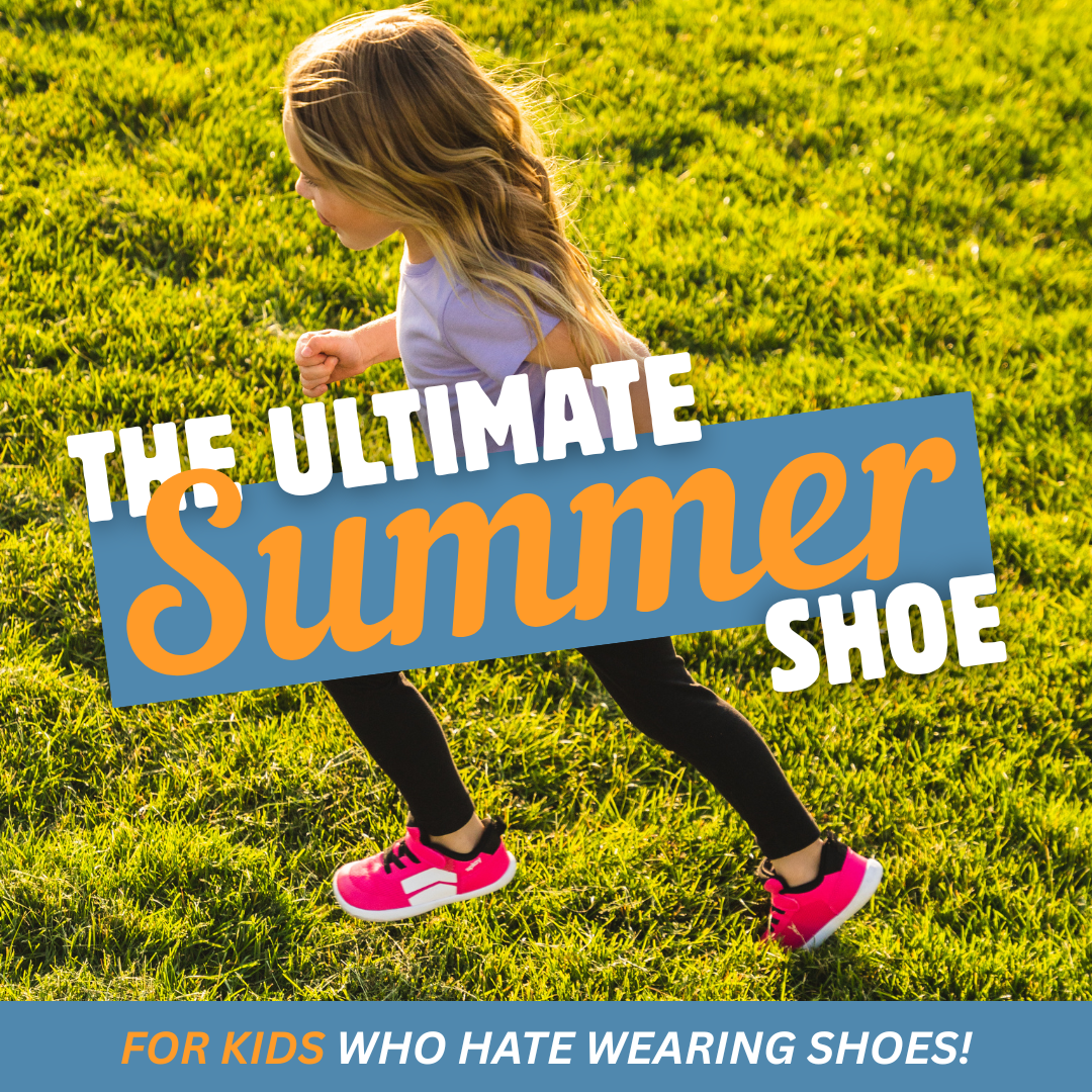 Little girl in bright pink Splay DASH shoes running on green grass.