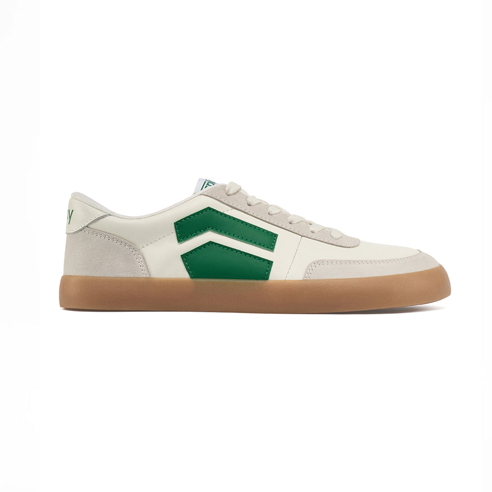 Splay 101 Letterman Green zero-drop sneakers with a retro varsity design.