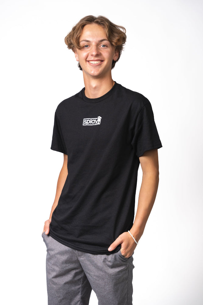 Person wearing a black t-shirt with a logo on a white background