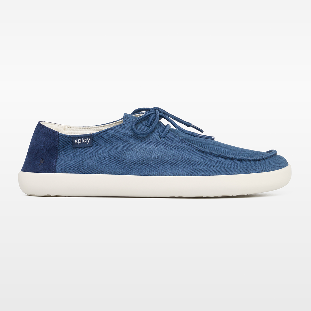 WEEKENDER Blue Lagoon barefoot shoes in blue hemp with a natural foot-shaped toe box, zero-drop sole, and flexible construction.