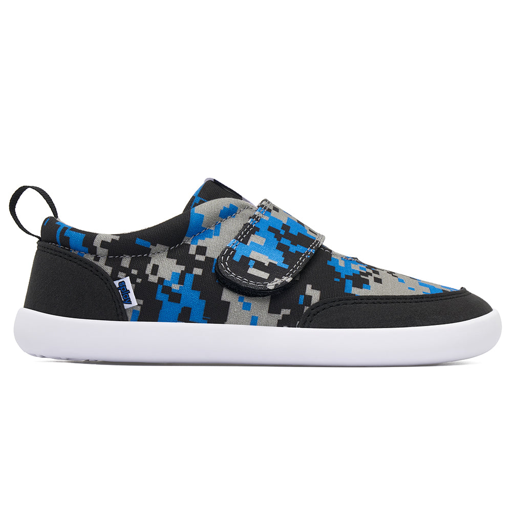 Splay Explore Wild² Digicam Blue kids’ shoes, featuring a bold blue, black, and grey camo print with wide toe boxes and flexible soles for natural foot development.