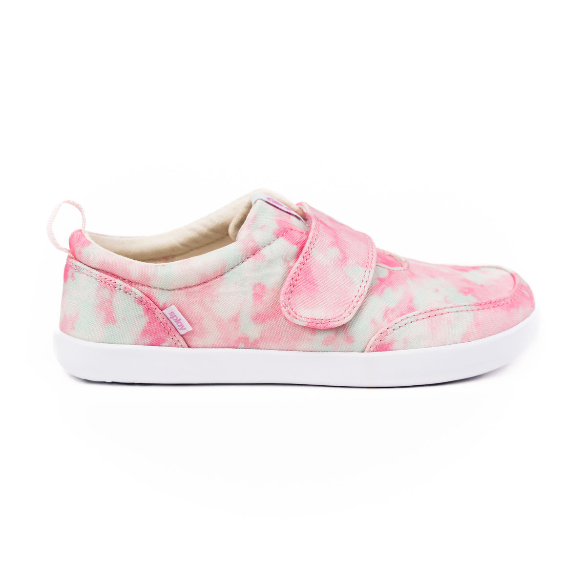 Splay baby barefoot shoes in pink and green tie-dye pattern with Velcro strap and white sole.