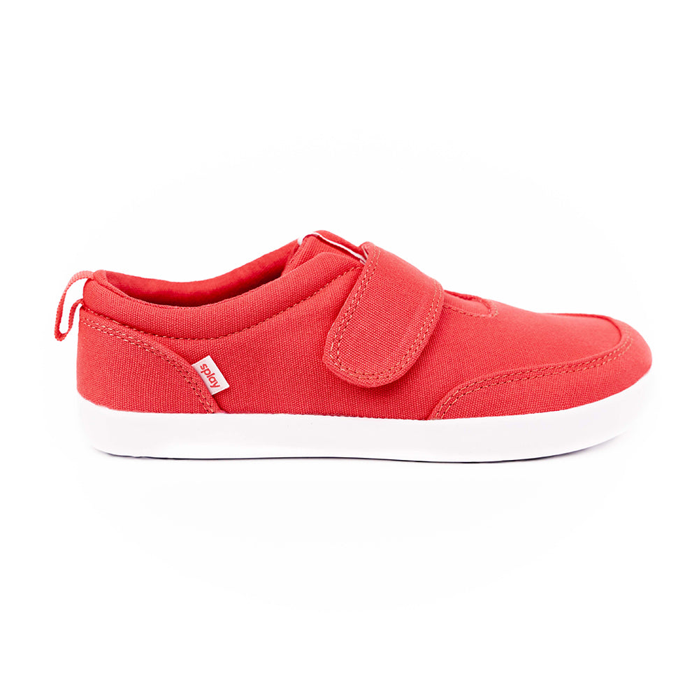 A side view of red Splay kids' sneakers with a Velcro strap and white soles, featuring the Splay logo on the side.