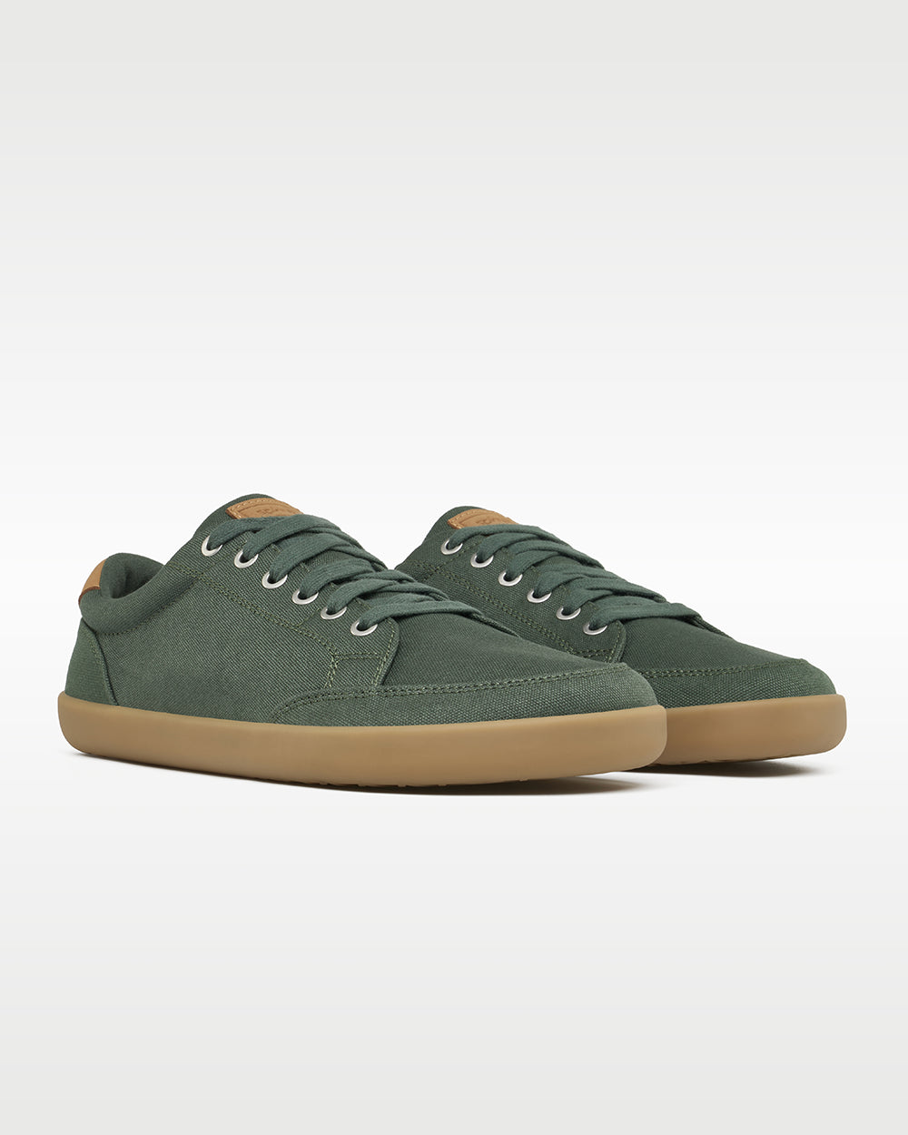 Splay Freestyle Spruce barefoot shoes — minimal low-top lace-up sneaker, pair in an angled three-quarter view from the front