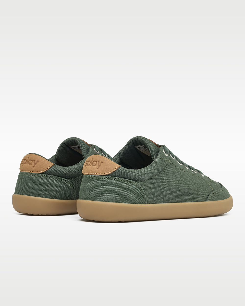 Splay Freestyle Spruce barefoot shoes — minimal low-top lace-up sneaker, pair viewed from behind, heels toward the camera