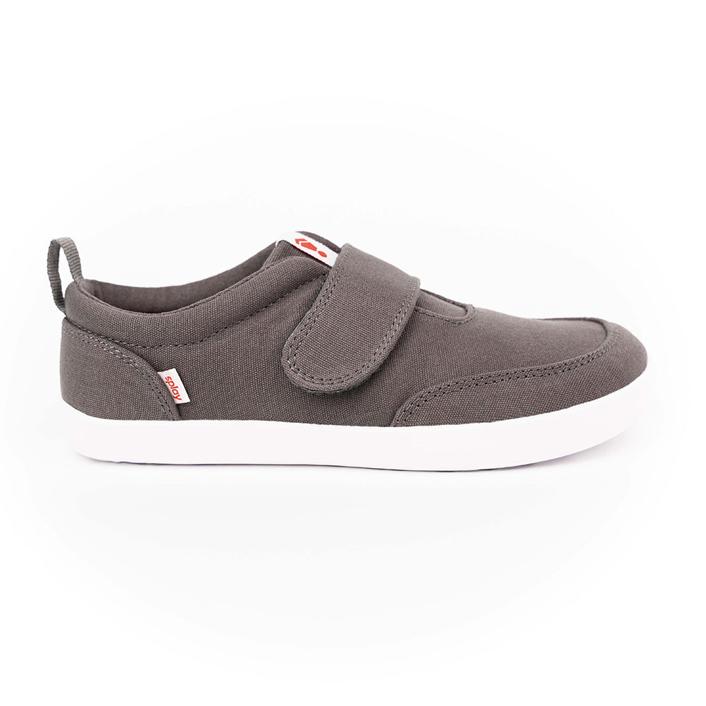 Gunmetal minimalist kids’ shoes for natural movement and balance.