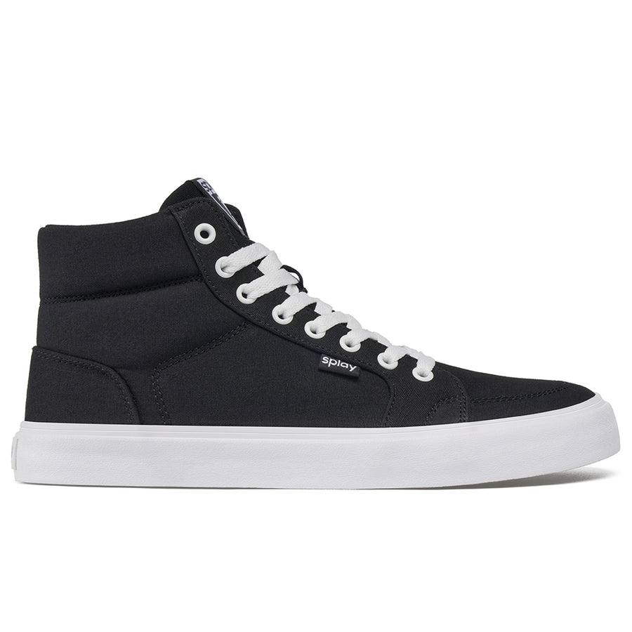 Splay Shoes' black high-top sneakers with white laces and a sleek, minimal design.