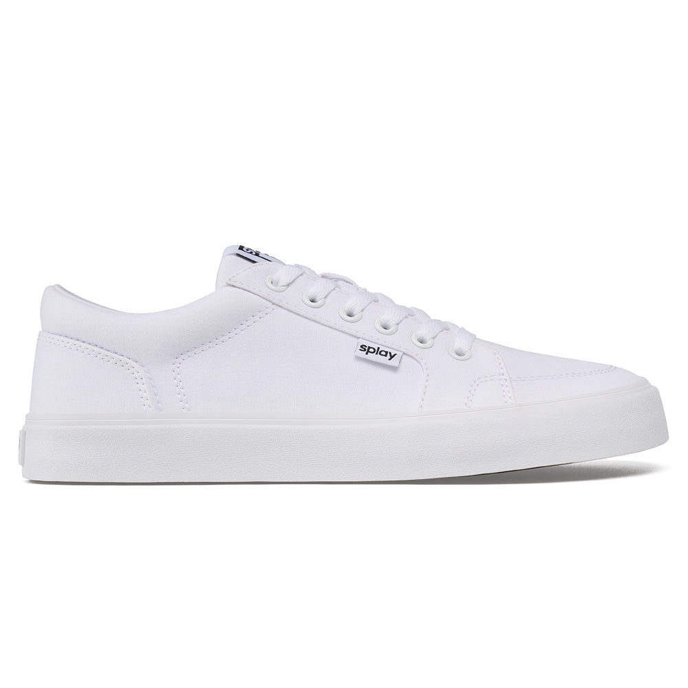 RUNNER V1 Varsity White zero-drop running shoes by Splay with black socks.