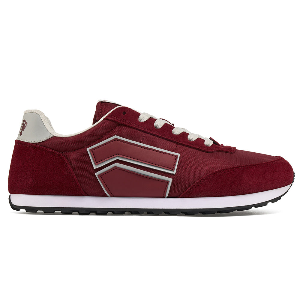 Foot-shaped Splay Runner V1 in burgundy with wide toe box and zero-drop sole.