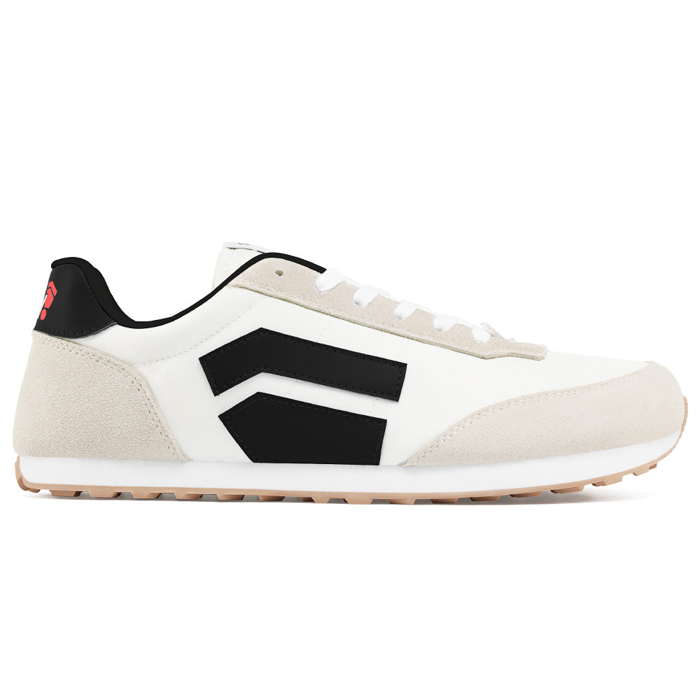 RUNNER V1 Varsity White zero-drop running shoes by Splay with black socks.