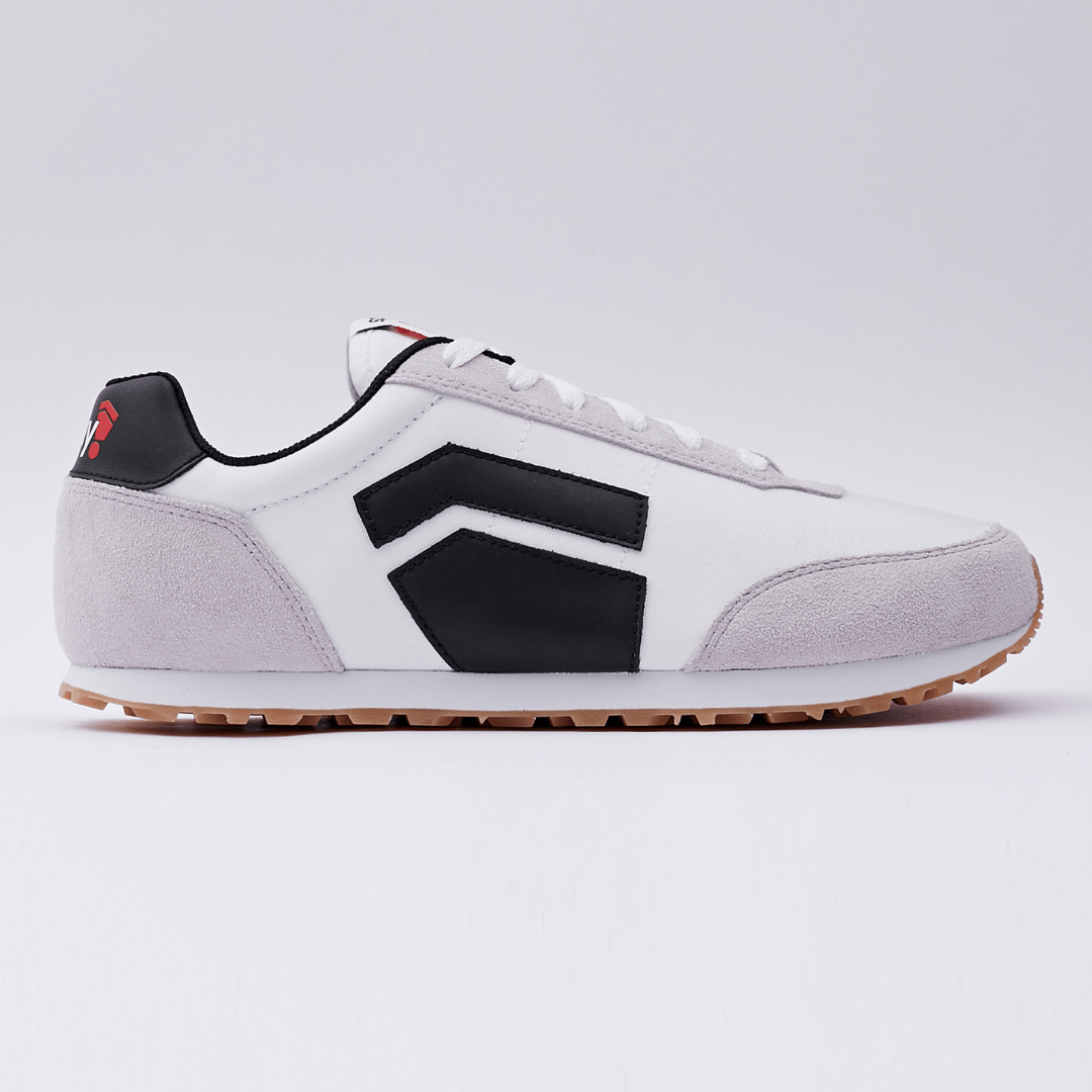 RUNNER V1 Varsity White zero-drop running shoes by Splay with black socks.