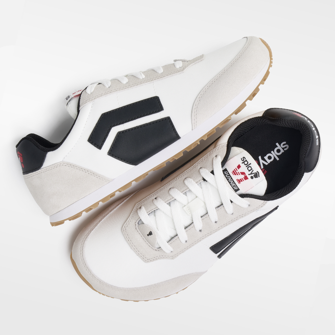 RUNNER V1 Varsity White '26 barefoot running shoes with a natural foot-shaped toe box, zero-drop design, and flexible sole.