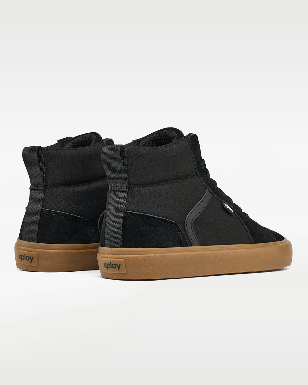 Splay REV HTS Amsterdam barefoot shoes — high-top suede skate shoe, pair viewed from behind, heels toward the camera