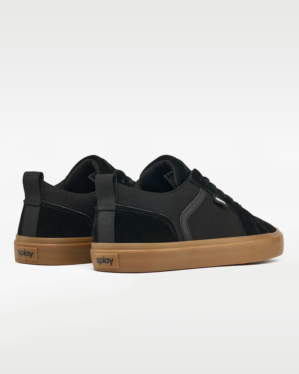 Splay REV LTS Amsterdam barefoot shoes — low-top suede skate shoe, pair viewed from behind, heels toward the camera