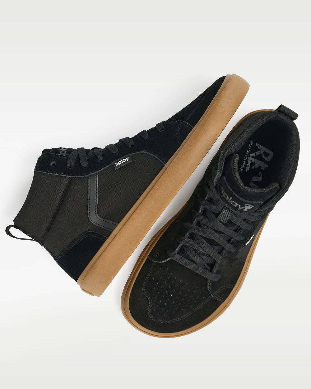Splay REV HTS Amsterdam barefoot shoes — high-top suede skate shoe, pair shot from above, one shoe tipped up to show the insole