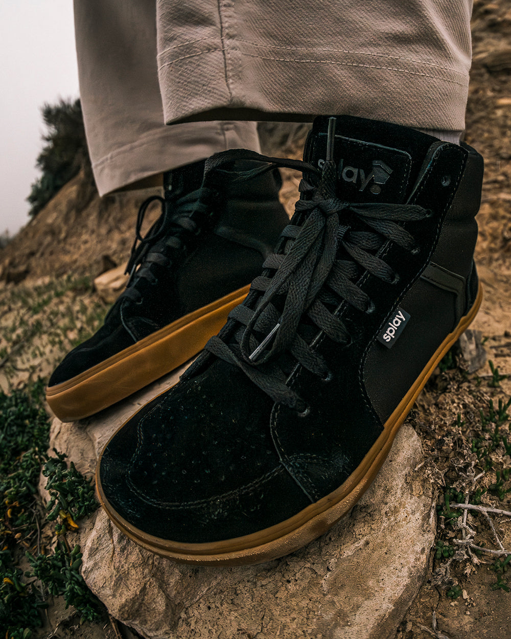 Splay REV HTS Amsterdam barefoot shoes — high-top suede skate shoe, lifestyle photo, the shoes shown in use outdoors