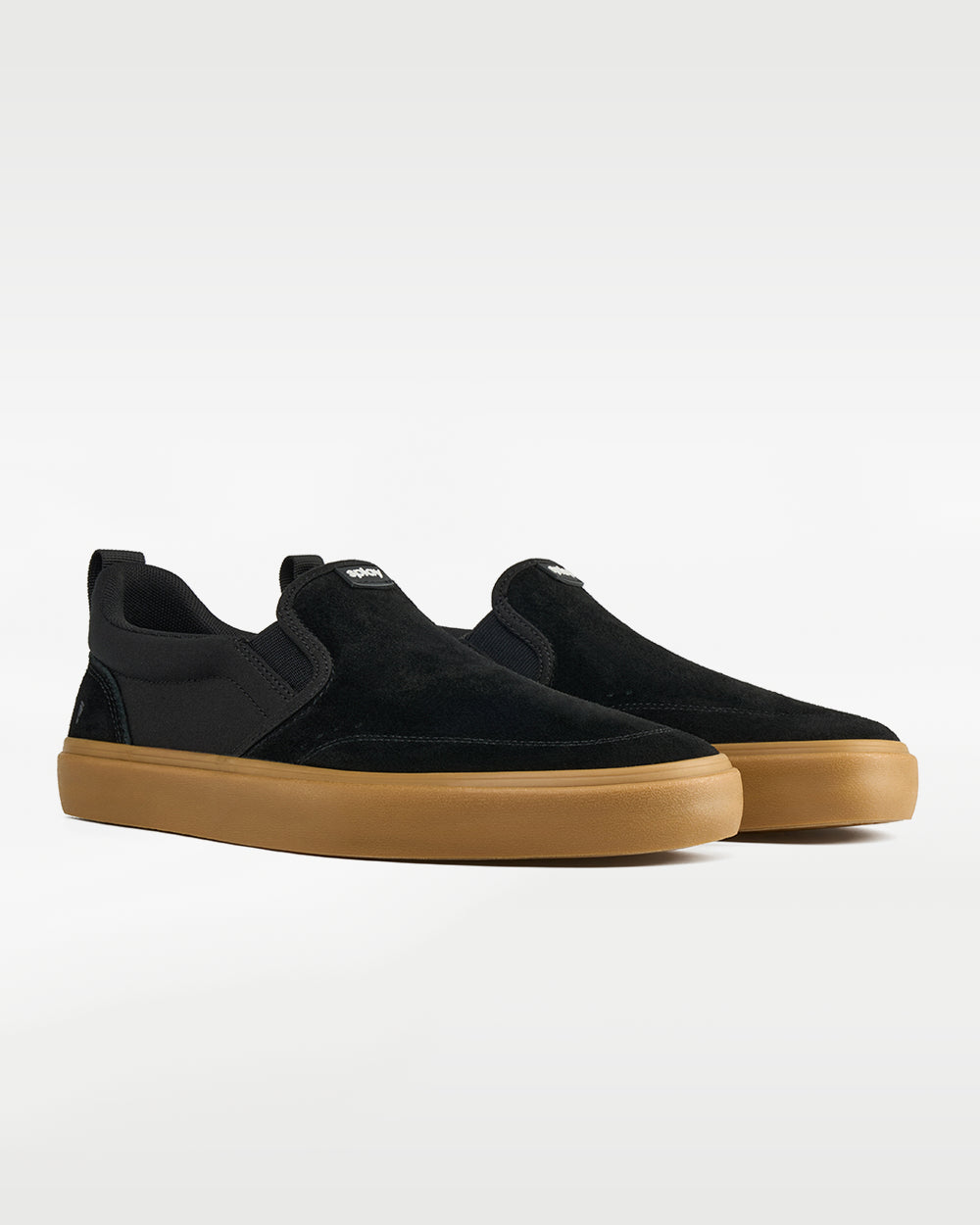 Splay REV SOS Amsterdam barefoot shoes — suede slip-on, pair in an angled three-quarter view from the front