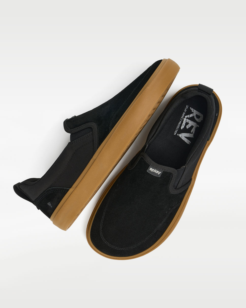 Splay REV SOS Amsterdam barefoot shoes — suede slip-on, pair shot from above, one shoe tipped up to show the insole