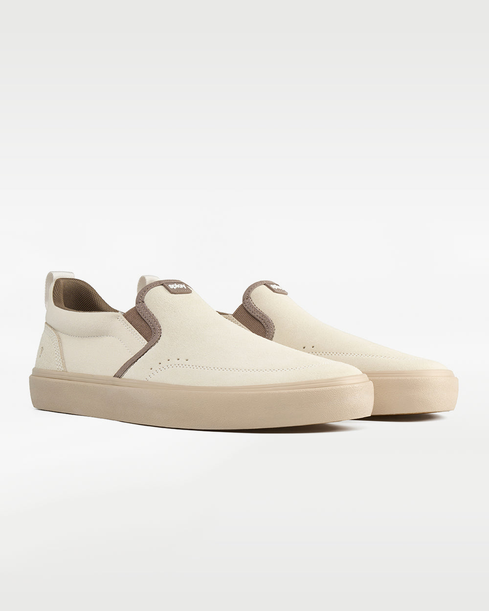 Splay REV SOS Barcelona barefoot shoes — suede slip-on, pair in an angled three-quarter view from the front