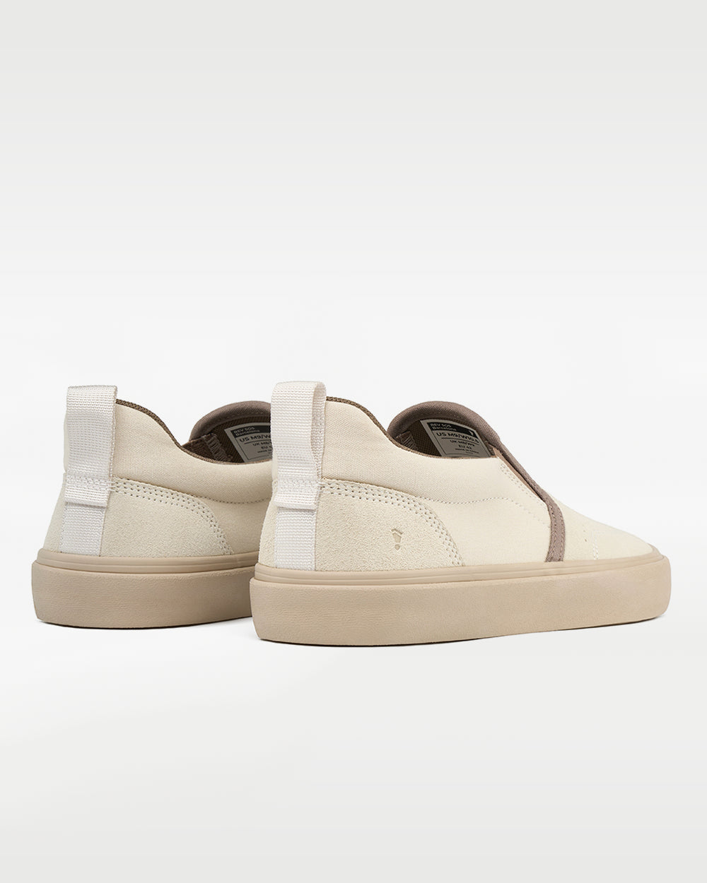 Splay REV SOS Barcelona barefoot shoes — suede slip-on, pair viewed from behind, heels toward the camera