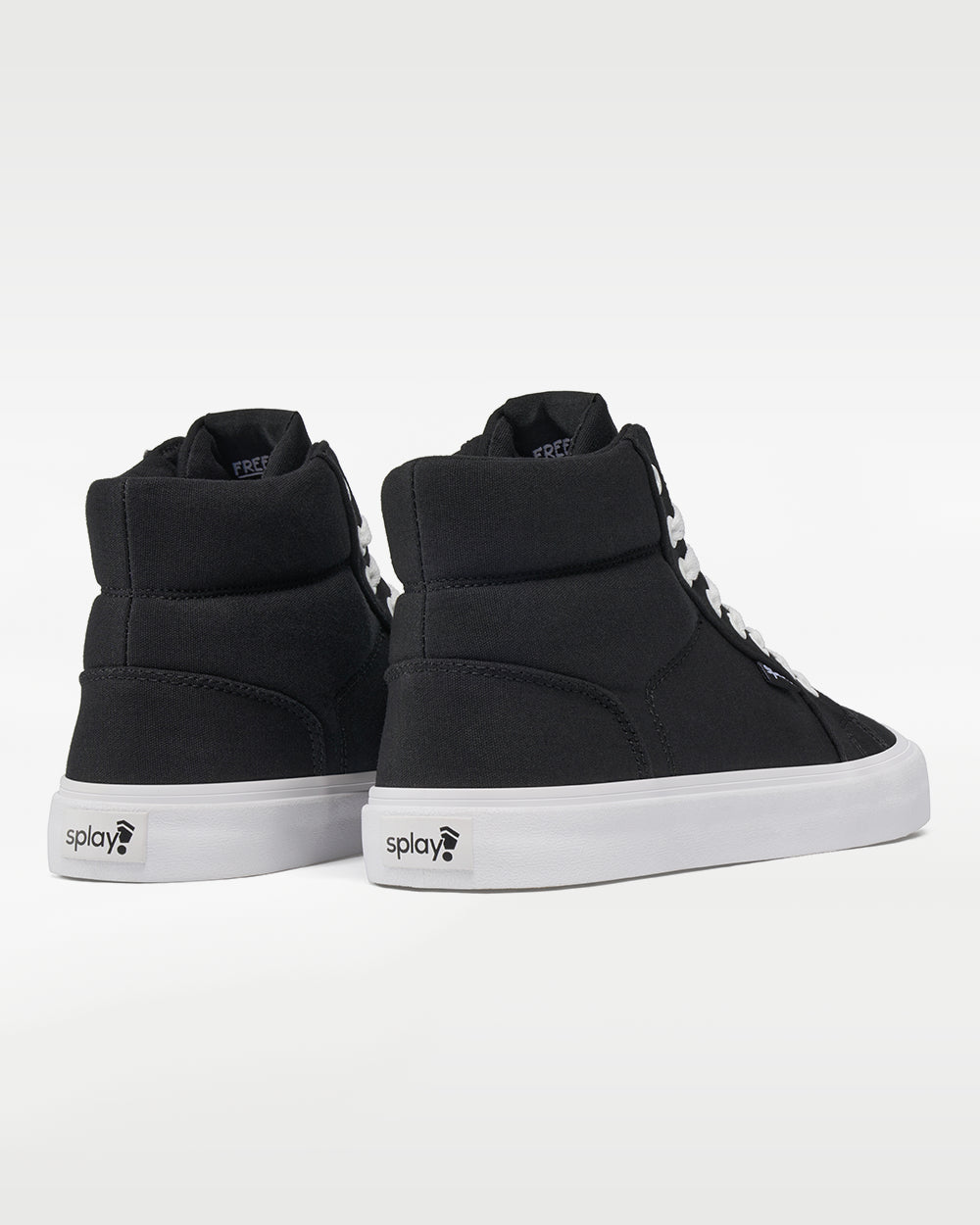 Splay REV HT Canvas Berlin barefoot shoes — high-top skate shoe, pair viewed from behind, heels toward the camera