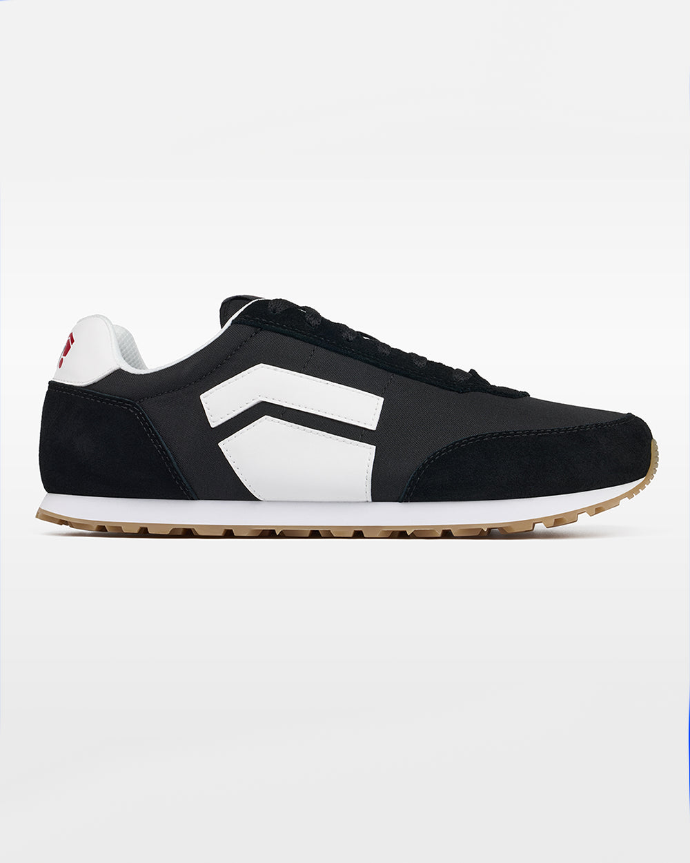 Splay Runner V1 Track Black '26 barefoot shoes — retro nylon-and-suede running shoe, single shoe in left-side profile