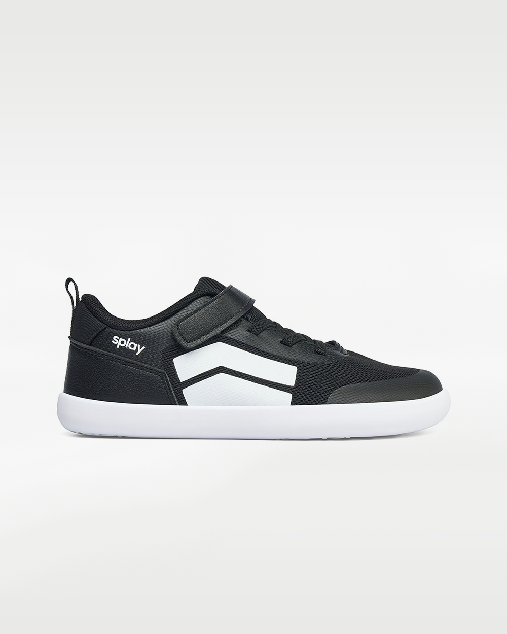 Splay Dash Kids Core Black barefoot shoes — kids' low-top sneaker with a strap and laces, single shoe in left-side profile