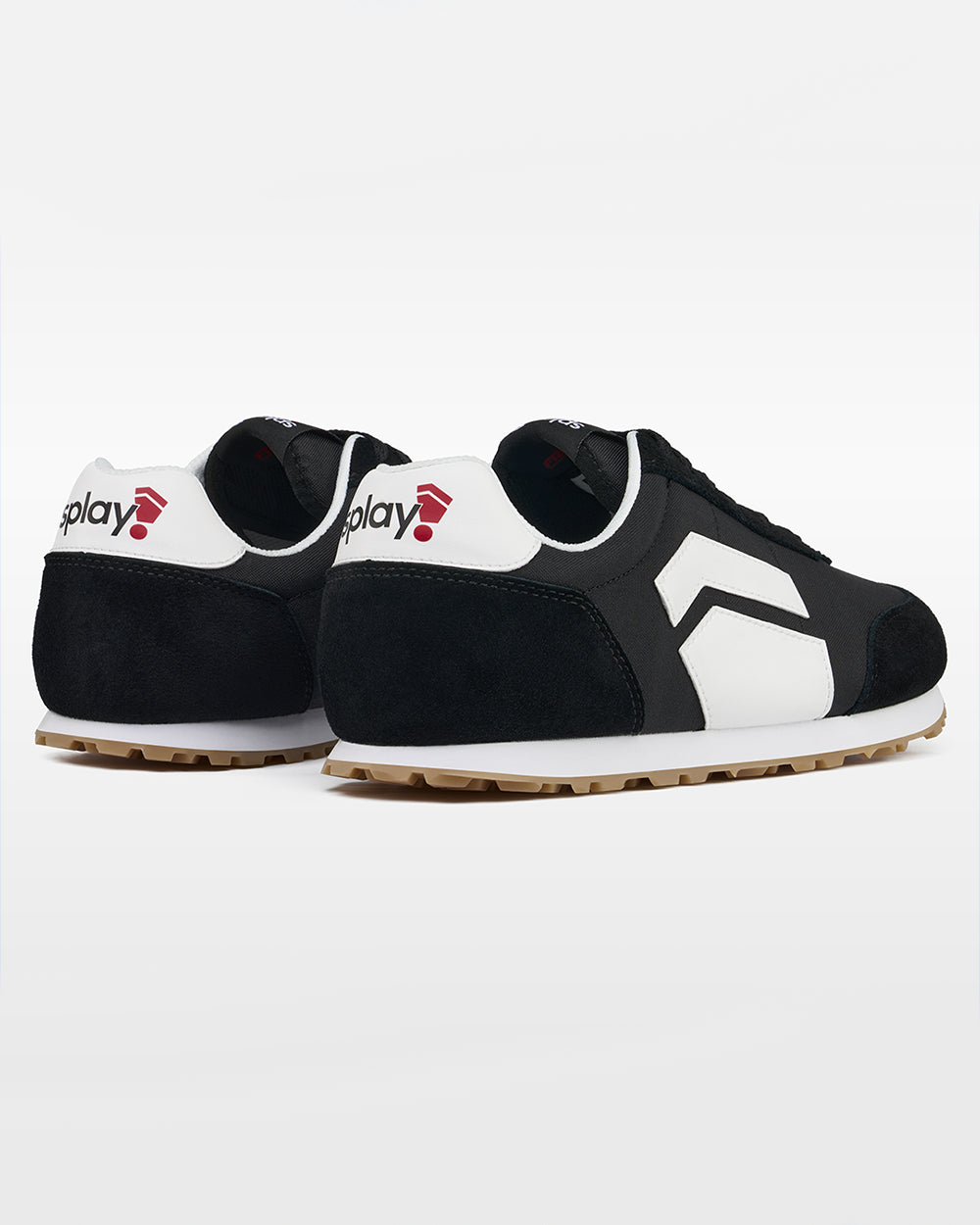 Splay Runner V1 Track Black '26 barefoot shoes — retro nylon-and-suede running shoe, pair viewed from behind, heels toward the camera
