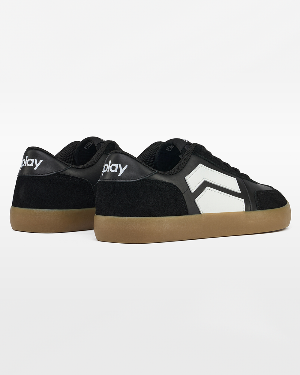 Splay 101 Blackboard '26 barefoot shoes — low-top court sneaker with a side stripe and gum sole, pair viewed from behind, heels toward the camera