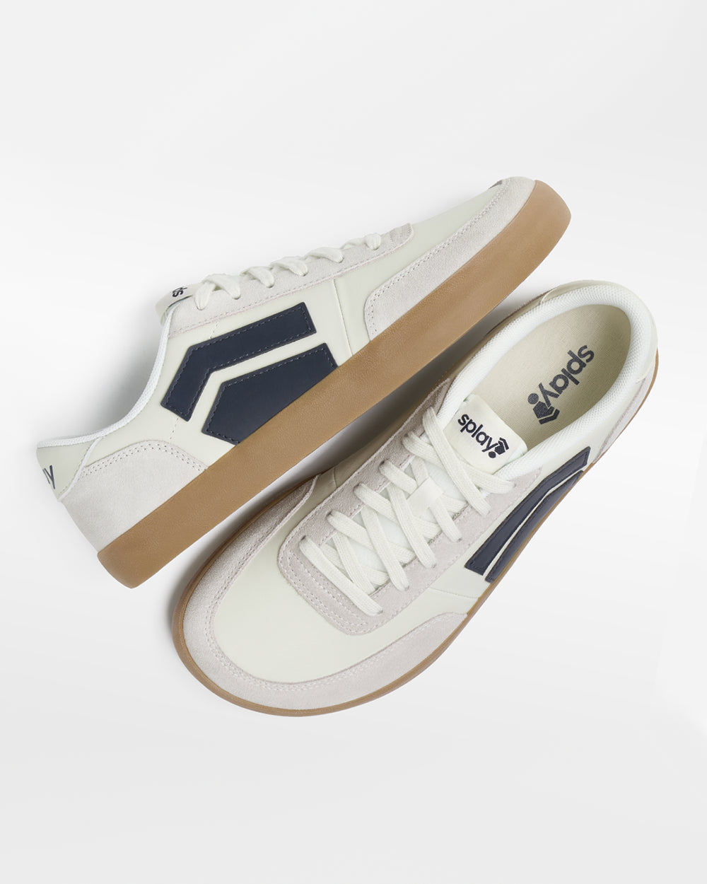Splay 101 Blazer '26 barefoot shoes — low-top court sneaker with a side stripe and gum sole, pair shot from above, one shoe tipped up to show the insole