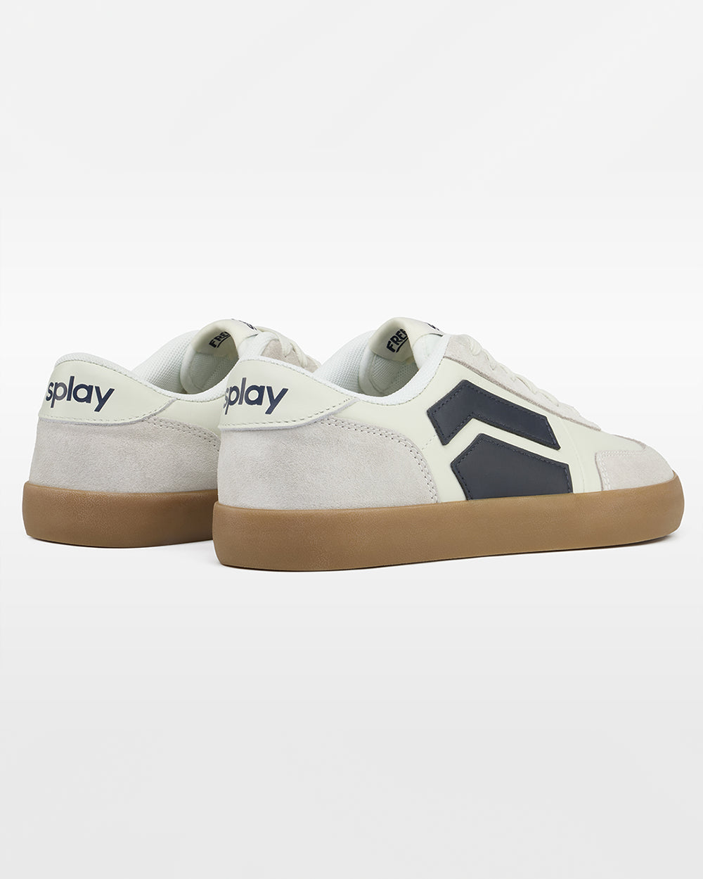 Splay 101 Blazer '26 barefoot shoes — low-top court sneaker with a side stripe and gum sole, pair viewed from behind, heels toward the camera