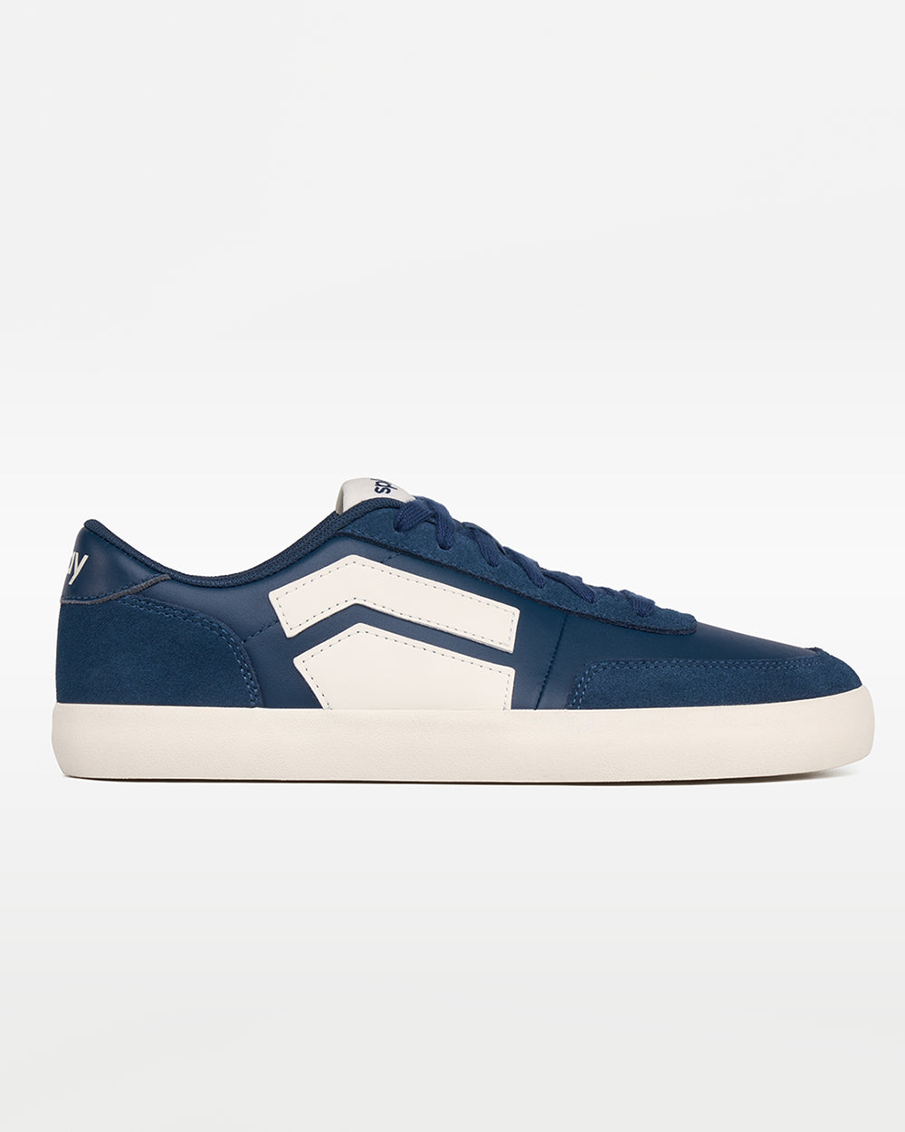 Splay 101 Oxford Blue '26 barefoot shoes — low-top court sneaker with a side stripe and gum sole, single shoe in left-side profile