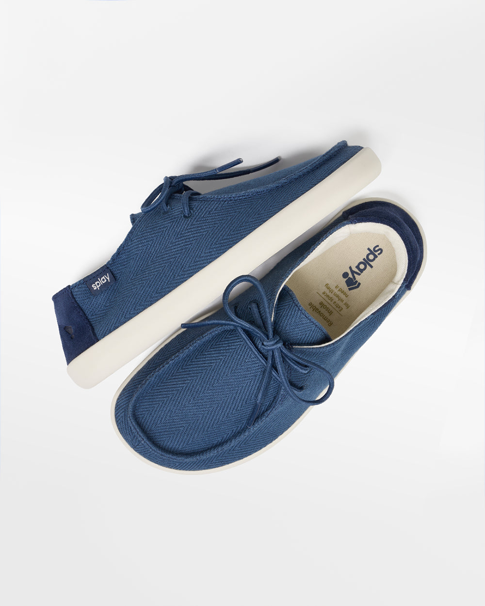 Splay Kids Weekender Blue Lagoon hemp barefoot shoes — kids' hemp moc-toe shoe with laces, pair shot from above, one shoe tipped up to show the insole