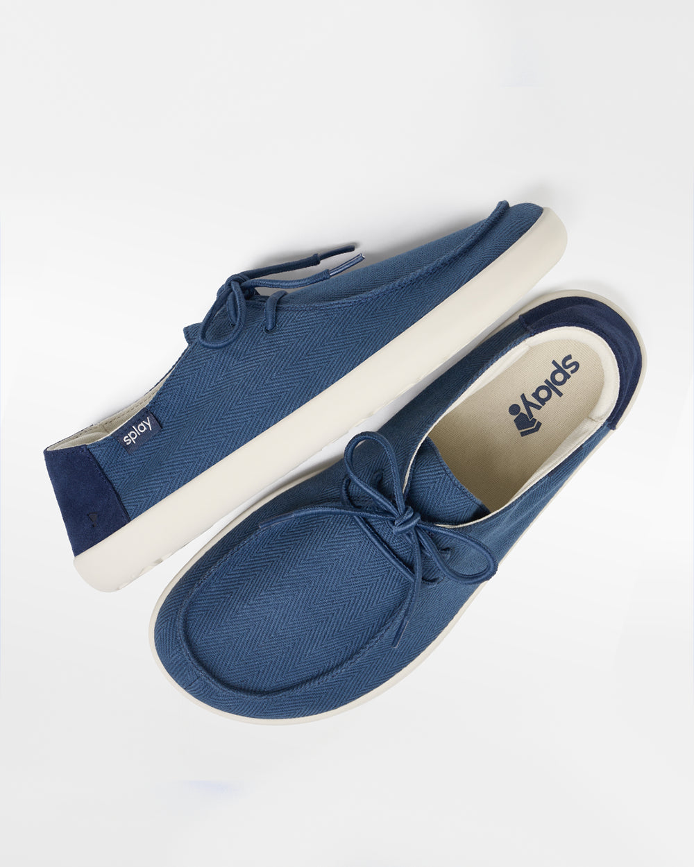 Splay Weekender Blue Lagoon hemp barefoot shoes — hemp moc-toe shoe with laces, pair shot from above, one shoe tipped up to show the insole