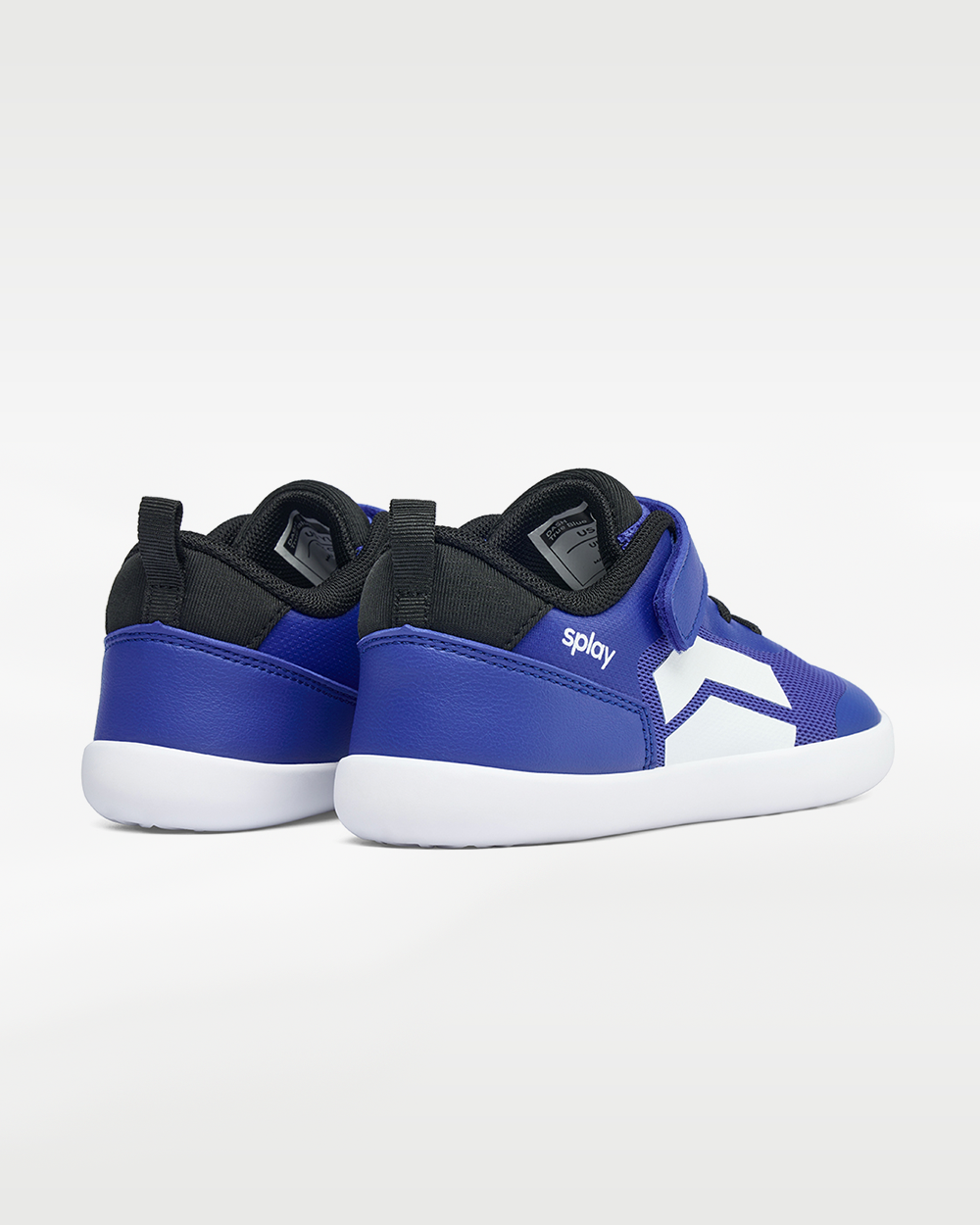 Splay Dash Kids True Blue barefoot shoes — kids' low-top sneaker with a strap and laces, pair viewed from behind, heels toward the camera