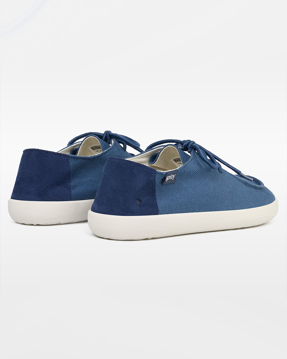 Splay Weekender Blue Lagoon hemp barefoot shoes — hemp moc-toe shoe with laces, pair in an angled three-quarter view from the front