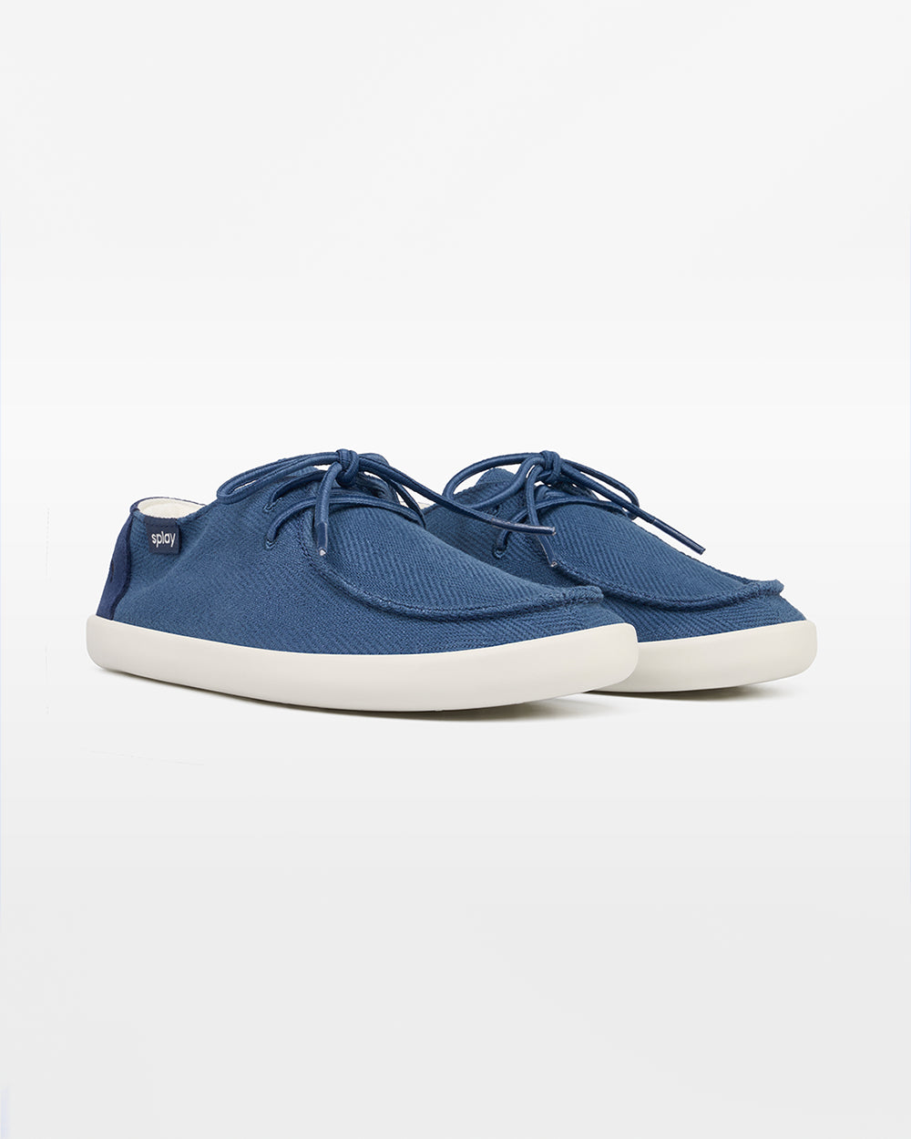 Splay Kids Weekender Blue Lagoon hemp barefoot shoes — kids' hemp moc-toe shoe with laces, pair in an angled three-quarter view from the front