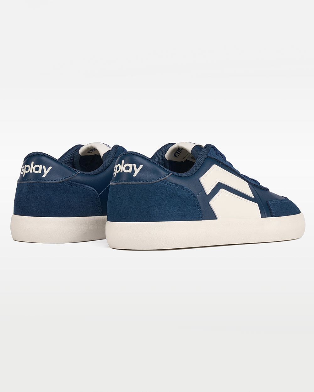 Splay 101 Oxford Blue '26 barefoot shoes — low-top court sneaker with a side stripe and gum sole, pair viewed from behind, heels toward the camera