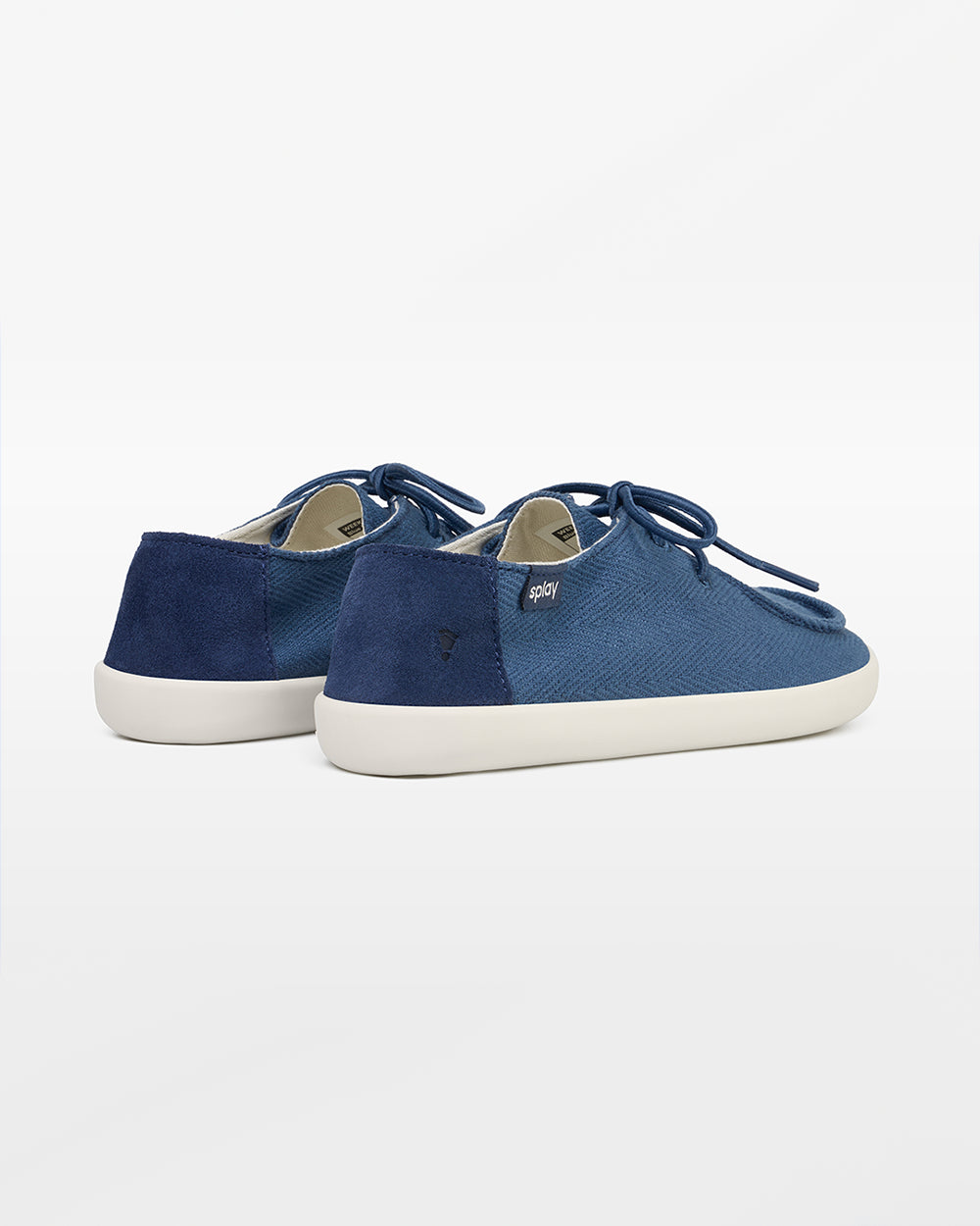 Splay Kids Weekender Blue Lagoon hemp barefoot shoes — kids' hemp moc-toe shoe with laces, pair viewed from behind, heels toward the camera