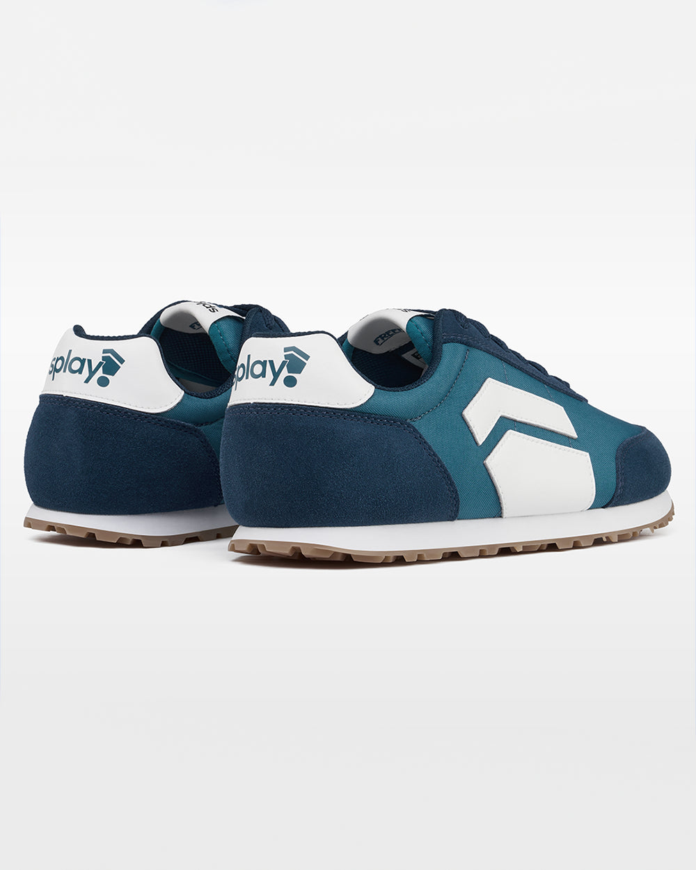 Splay Runner V1 Bleacher Blue '26 barefoot shoes — retro nylon-and-suede running shoe, pair viewed from behind, heels toward the camera