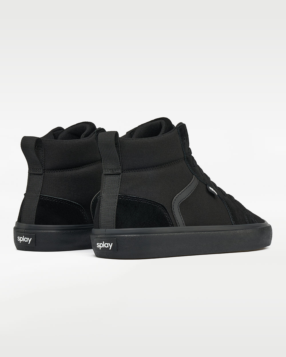 Splay REV HTS Carlsbad barefoot shoes — high-top suede skate shoe, pair viewed from behind, heels toward the camera