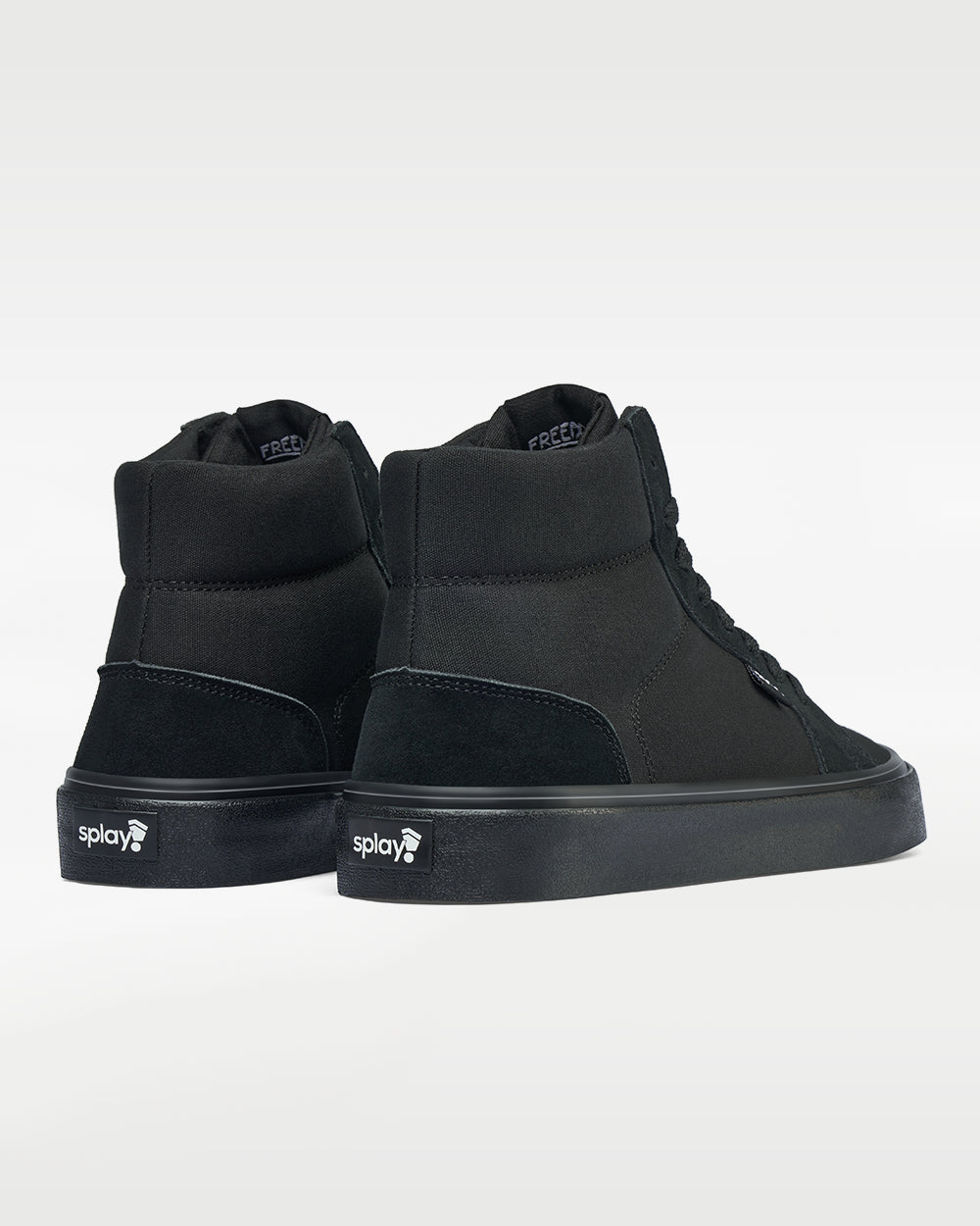 Splay REV HT Original Carlsbad barefoot shoes — high-top skate shoe, pair viewed from behind, heels toward the camera