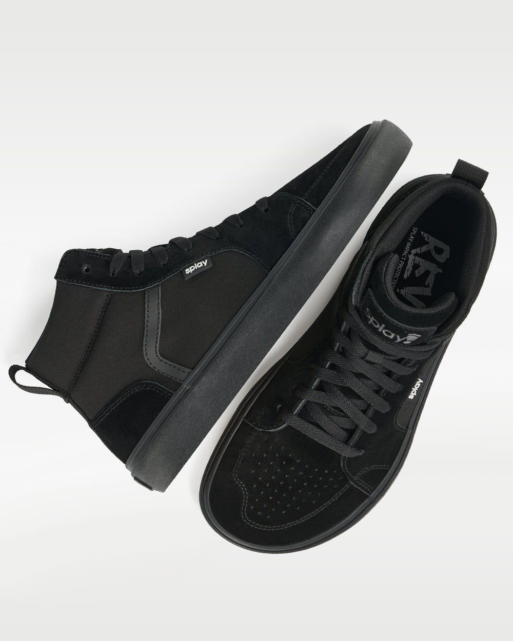 Splay REV HTS Carlsbad barefoot shoes — high-top suede skate shoe, pair shot from above, one shoe tipped up to show the insole