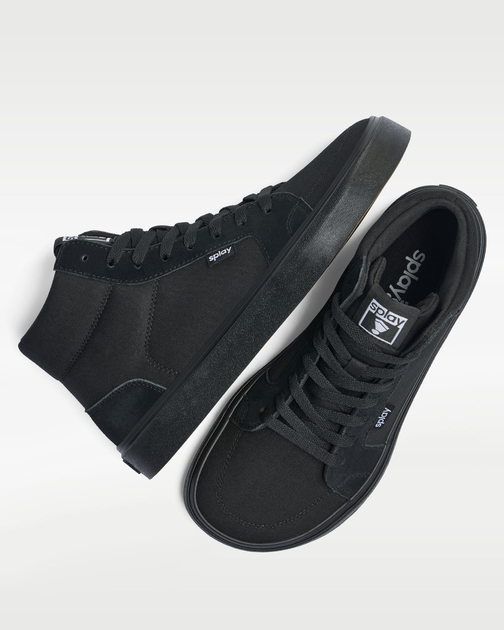 Splay REV HT Original Carlsbad barefoot shoes — high-top skate shoe, pair shot from above, one shoe tipped up to show the insole