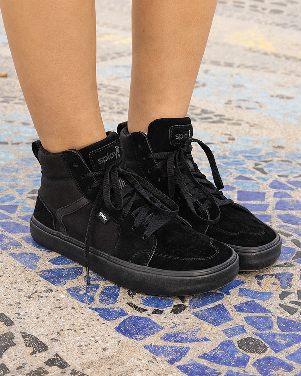 Splay REV HTS Carlsbad barefoot shoes — high-top suede skate shoe, lifestyle photo, the shoes shown in use outdoors