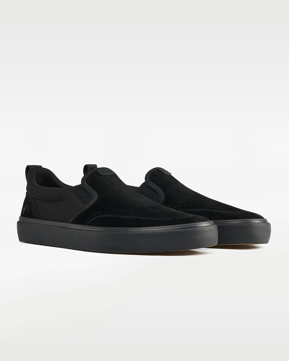 Splay REV SOS Carlsbad barefoot shoes — suede slip-on, pair in an angled three-quarter view from the front