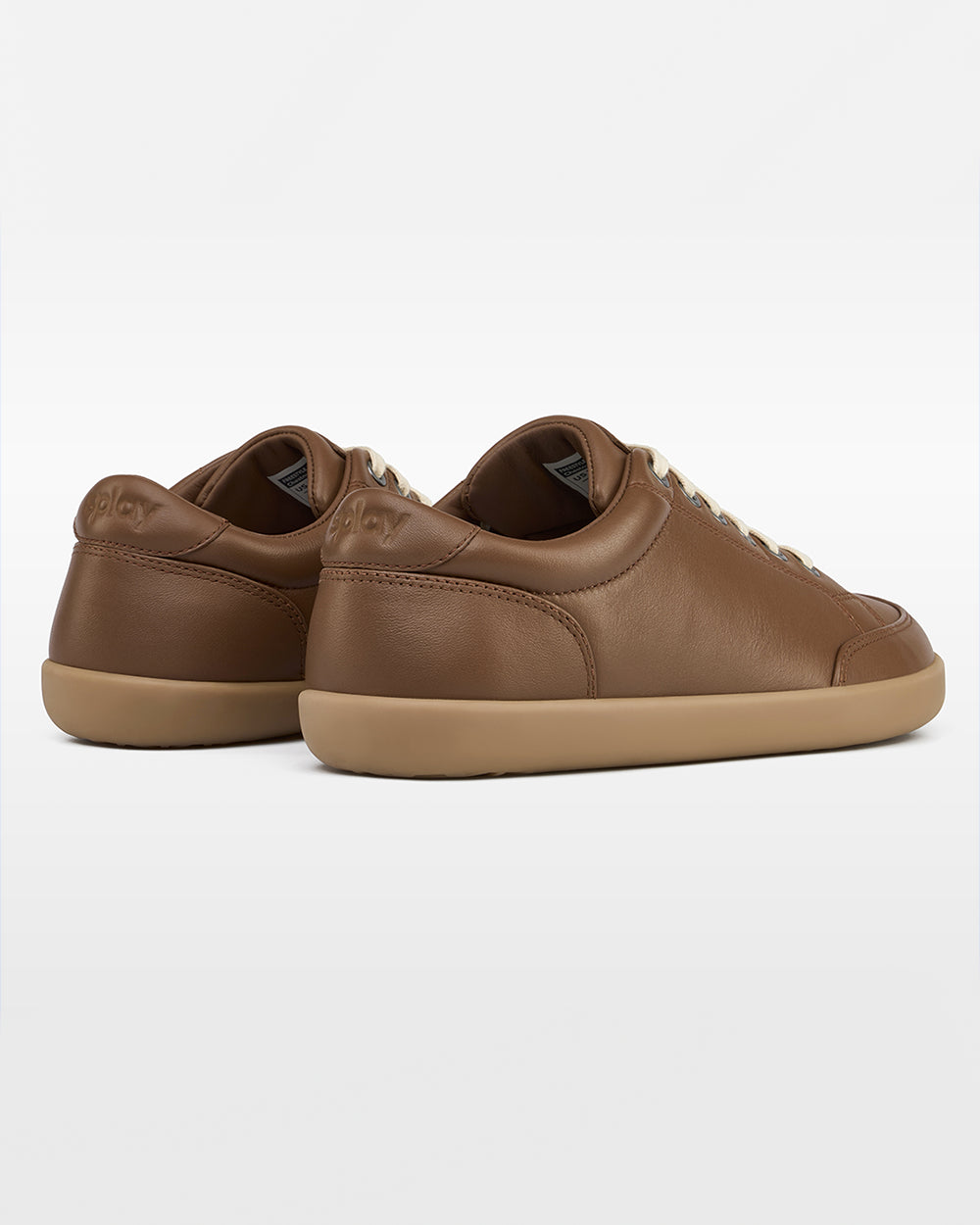 Splay Freestyle Leather Chestnut barefoot shoes — leather low-top lace-up sneaker, pair viewed from behind, heels toward the camera