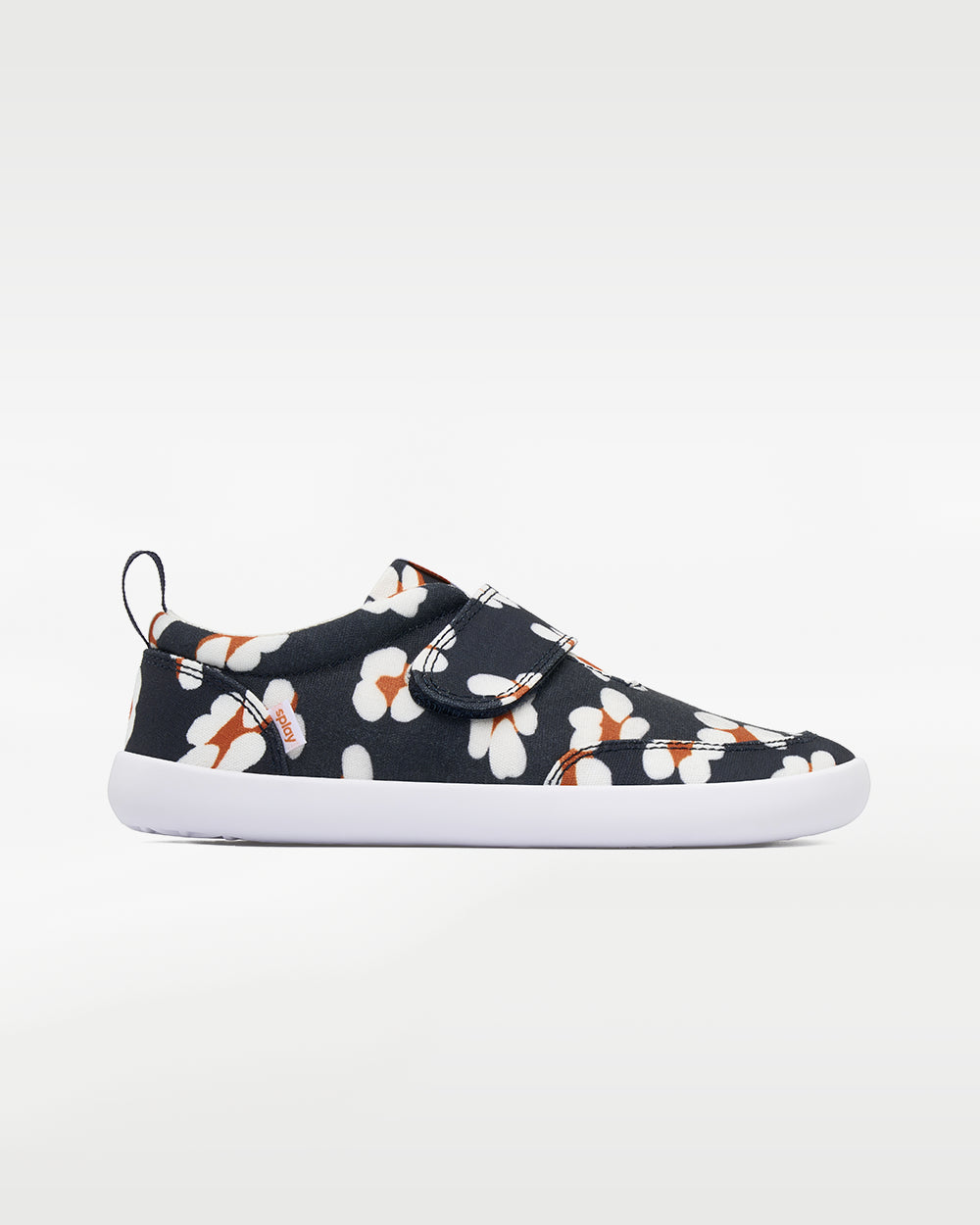 Splay Explore Kids Daisy barefoot shoes — kids' low-top shoe with a hook-and-loop strap, single shoe in left-side profile