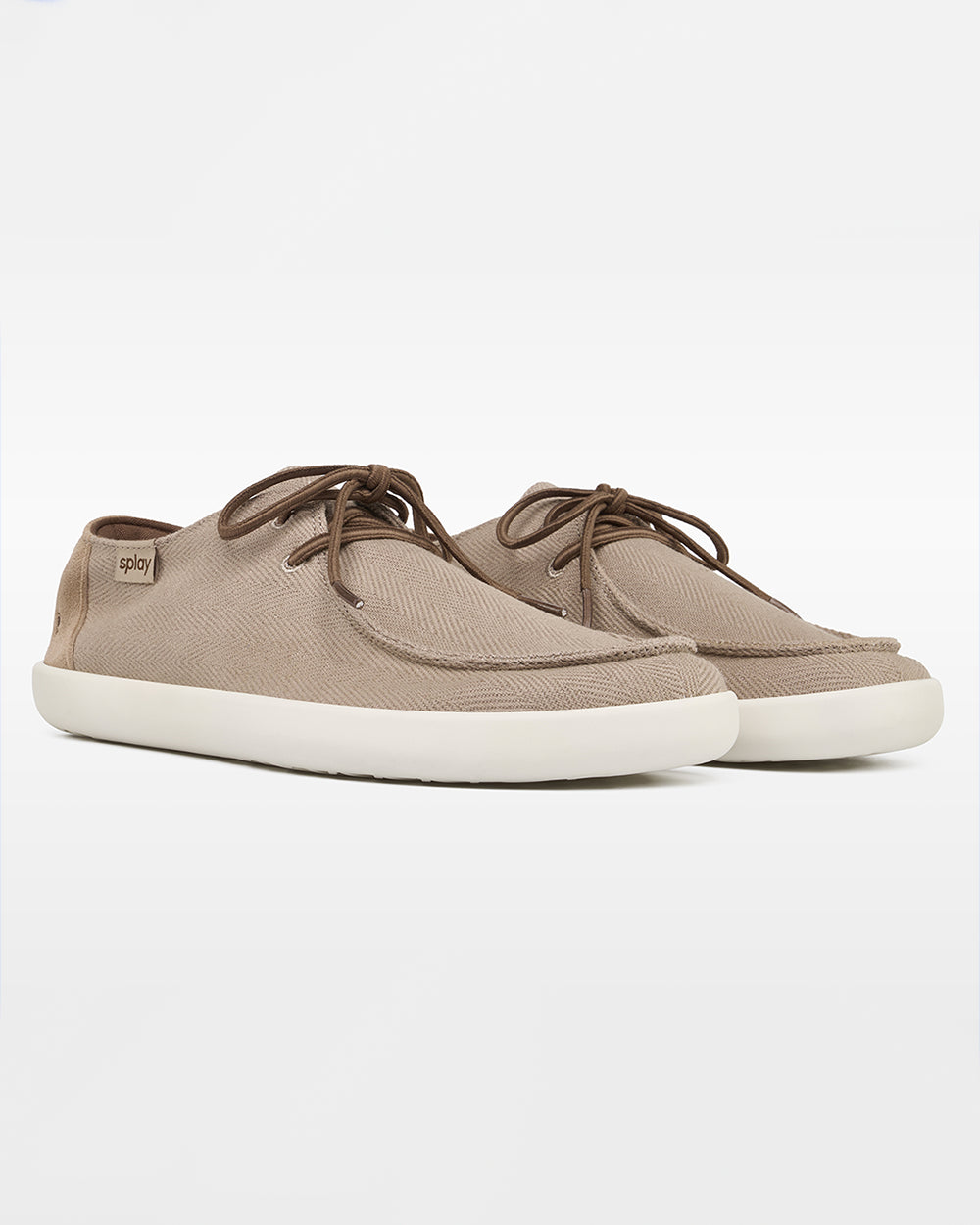 Splay Weekender Driftwood hemp barefoot shoes — hemp moc-toe shoe with laces, pair in an angled three-quarter view from the front