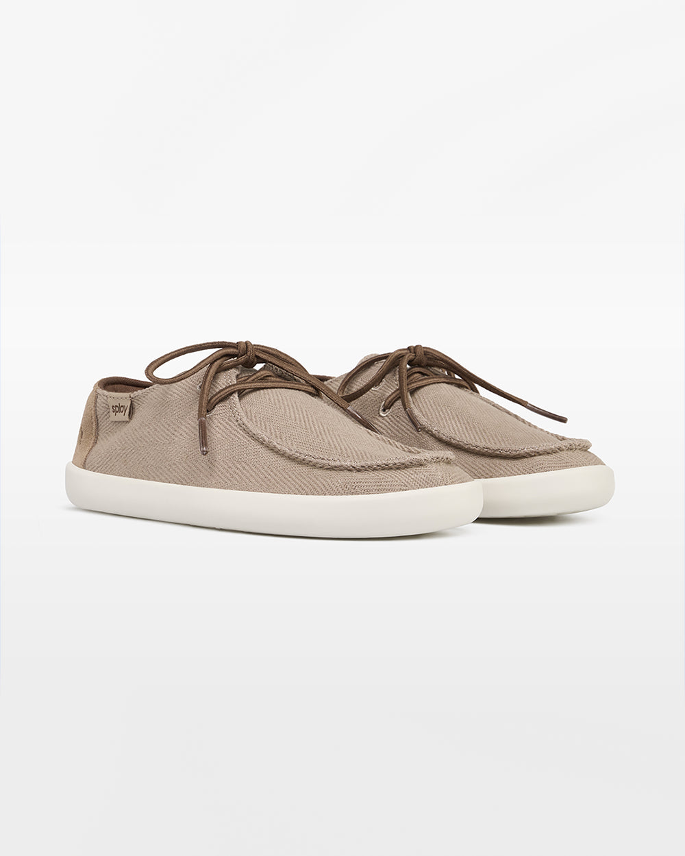 Splay Kids Weekender Driftwood hemp barefoot shoes — kids' hemp moc-toe shoe with laces, pair in an angled three-quarter view from the front